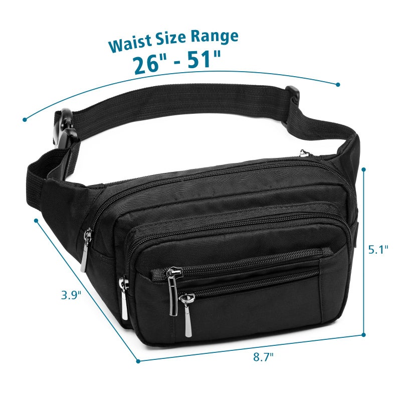 Packism Fanny Packs for Women Men - 6 Pockets Large Fanny Packs for Women Cross Body Everywhere Belt Bag Bum Bag & Adjustable Strap for Traveling Cycling Running Hiking, Black - Image 2